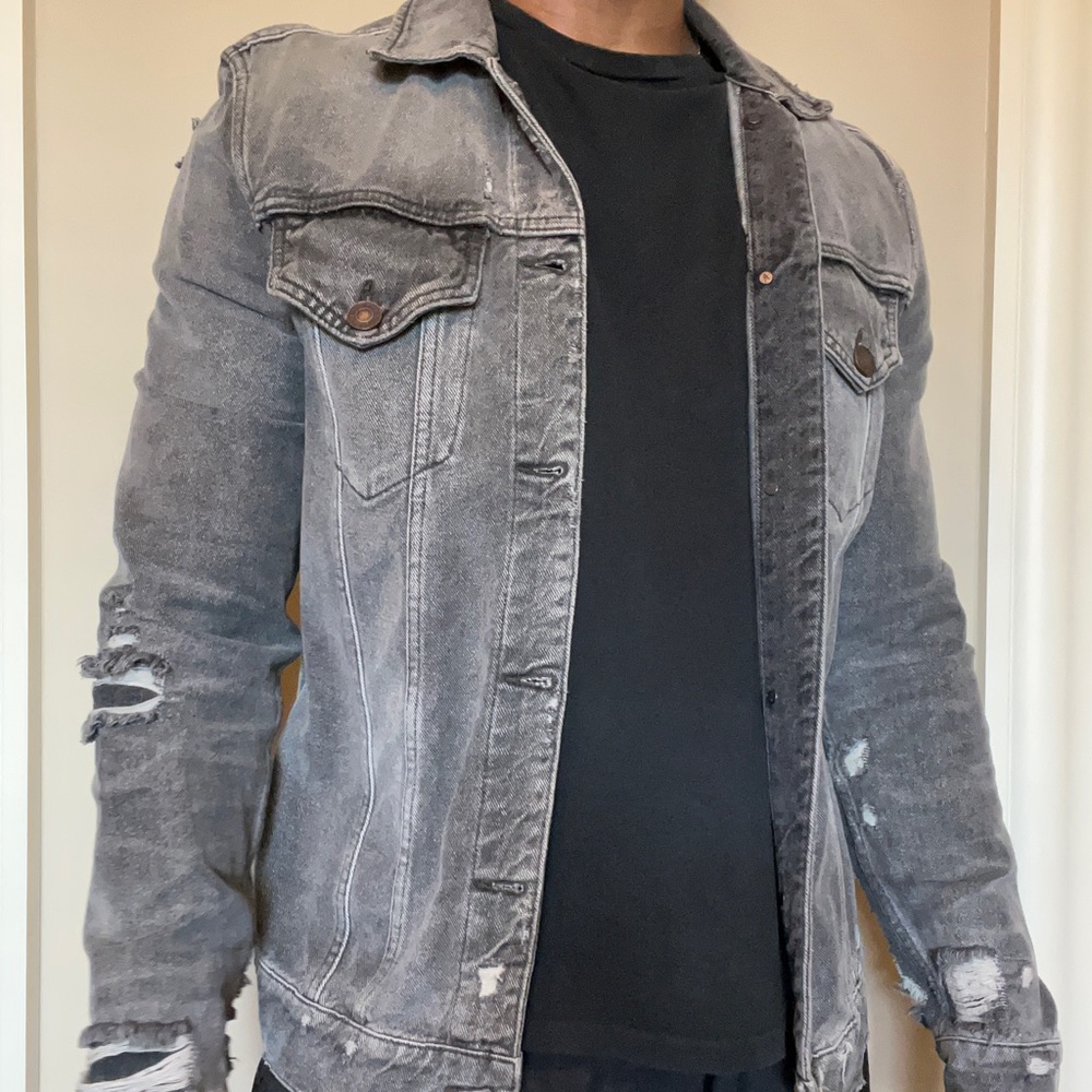 All Saints Grey Denim Distressed Jacket